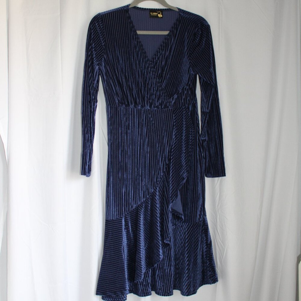 Kookkai Design by Sunida Blue Velvet Striped Midi Dress Flounce Bottom Long Slv